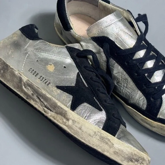 Golden Goose Superstar Silver Leather Sneakers Sz 38 / 7.5 US AUTHENTIC - Picture 2 of 11